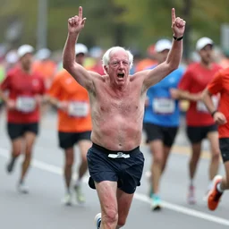shirtless bernie sanders running marathon hands in air screaming shouting
