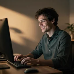 beautiful cinematic hyperrealistic portrait with cinematic shadows and lights where a work appears sitting typing on a computer happy
