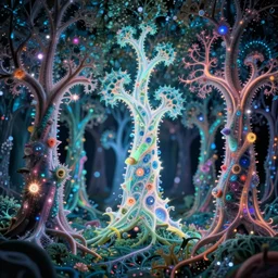 a sharp unblurred velvia photograph of a glowing fractal forest by greg rutkowski, thomas kinkade and Julius Horsthuis, Trending on artstation, Trending on deviantart