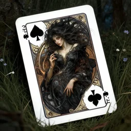 playing card of lying faces on a meadow, dark and ethereal, wild hairs, expressive poses, dark  dress, fantasy, intricate, dark forest background, highly detailed, digital painting, artstation, concept art, smooth, sharp focus, illustration, art by artgerm and greg rutkowski and alphonse mucha