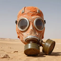 panorama view of a giant gas mask in the desert, orange gas mask made of stone, surrealist art, by zdzisław beksinski, intricate details, trending on artstationhq