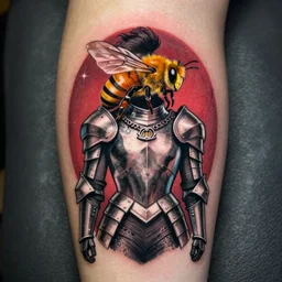 “tattoo design of a queen bee wearing a suit of armor, american traditional style, realistic”