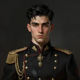 portrait of stoic looking young soldier, military uniform, black hair, thick eyebrows, fantasy, intricate, elegant, highly detailed, centered, dark, smokey, digital painting, artstation, concept art, smooth, sharp focus, illustration, art by artgerm and greg rutkowski and alphonse mucha