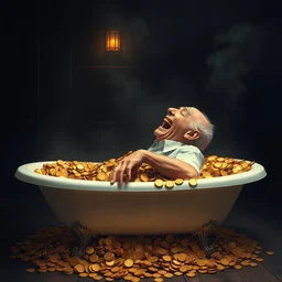 a wide angle side view of a greedy old man laughing hysterically who is covered in gold coins and laying in a white porcelain antique clawfoot bathtub that is filled and overflowing with gold coins. very dark room, cinematic, smoke, dark, moody, smokey lighting, dimly lit. art by darwyn cooke