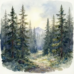 watercolor painting of scandinavian mythology, pines, magical, ambient lighting, art by hans gude, art by hans dahl, by jesper ejsing, art by anders zorn, wonderful masterpiece by greg rutkowski, cinematic light, american romanticism by greg manchess, creation by tyler edlin, heavy clouds and sun
