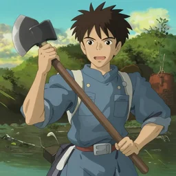 portrait of a drunken man wielding an axe by hayao miyazaki
