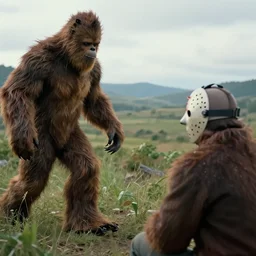 jason voorhees watching bigfoot from afar, landscape, hyper realistic