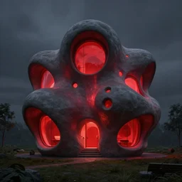 A beautiful architectural rendering of a blobitecture trypophobia house with a mysterious red glow emitting from inside, by octane render and corona render, stunning, gorgeous, golden ratio, photorealistic, featured on artstation, 4k resolution