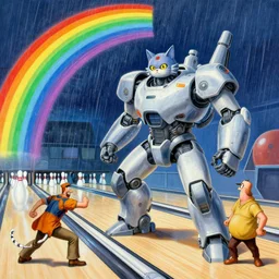 an epic painting of a cyber mecha catzilla shooting rainbows, bowling alley, by moebius and matt groening