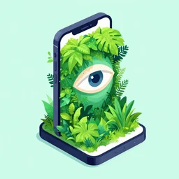 ( ( dither ) ), editorial illustration portrait of an isometric iphone with lush foliage overgrowth, all seeing eye, modern art deco, ( ( mads berg ) ), christopher balaskas, rich grainy texture, detailed, dynamic pose, matte print, risograph, halftone dots, unreal engine