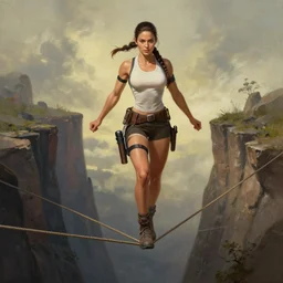 portrait of very muscled Mila Kunis as Lara Croft balance walking a tight rope over deep chasm, elegant, highly detailed, centered, digital painting, artstation, artgerm, donato giancola, Joseph Christian Leyendecker, WLOP, Boris Vallejo, Artgerm
