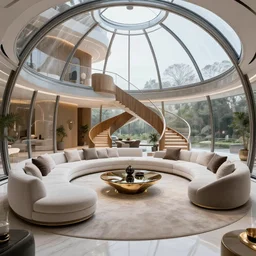 A futuristic living room in a glass dome with a big luxurious U-shape sofa and a luxurious table in the center and a curved wooden staircase going upstairs in the back of the living room, professional interior design photograph, wide angle photograph, 8k resolution, hyper detailed