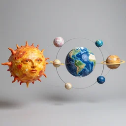 a kinetic sculpture of this solar system, sun, mercury, venus, earth, mars, jupiter, saturn, uranus, neptune, pluto, orrery, canon 5 d 5 0 mm lens, papier - mache, studio, circa 3 0 6 0