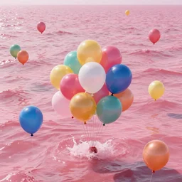 many colorfull balloons swimming in the pink sea, highly detailed, realistic, dramatic,