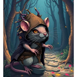 shamanistic anthropomorphic druid rat, wearing infested tattered hood, otherworldly forest path, pixiv fanbox, dramatic lighting, maximalist pastel color palette, splatter paint, pixar and disney concept, graphic novel by fiona and dustin nguyen, peter elson, alan bean, wangechi mutu, clean cel shaded vector art, on artstation