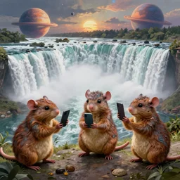 Alien rodents from another planet visit Niagara Falls and take selfies, an epic painting, volumetric lighting, intricate, elegant, highly detailed, digital painting, artstation, concept art, smooth, sharp focus, art by Mort Kunstler