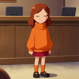 Stunning Beautiful Portrait Scene of Velma Dinkley wearing her iconic orange sweater from Scooby Doo in court for falsely accusing someone of being a criminal by Greg Rutkowski. Velma is a teenage female, with chin-length auburn hair and freckles. She is somewhat obscured by her fashion choices, wearing a baggy, thick turtlenecked orange sweater, with a red skirt, knee length orange socks and black Mary Jane shoes. Soft render, Pixiv, artstation