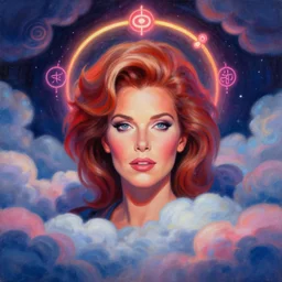 portrait of olivia newton - john surrounded by clouds by mandy jurgens, cartoon, oil painting, visionary art, magic symbols, holy halo above head, neon ambient lighting, high detail, dark vibrant color