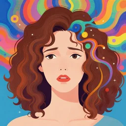 a colorful vibrant closeup portrait of a simple caucasian woman with curly mid length brown hair with a fearful aesthetic face and dreaming psychedelic hair, by kawase hasui, moebius, edward hopper and james gilleard, zdzislaw beksinski, steven outram colorful flat surreal design, hd, 8 k, artstation