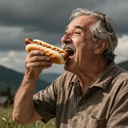 my dad eating a large hotdog mouth wide open