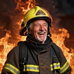 portrait painting of a laughing old man firefighter, jolly, head on fire, background is flames unreal render cinematic lighting art by bussiere rutkowski andreas rocha