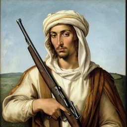 botticelli portrait of bedouin man with rifle,
