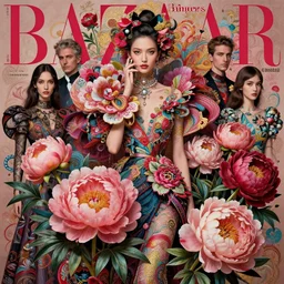 pretty model with peonies : : by martine johanna and simon stalenhag and chie yoshii and casey weldon and wlop : : ornate, dynamic, particulate, rich colors, intricate, elegant, highly detailed, vogue, fashion, harper's bazaar art, fashion magazine, smooth, sharp focus, 8 k, octane render,