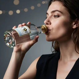 A studio portrait of a woman drinking vodka from a bottle, highly detailed, bokeh, 90mm, f/1.4