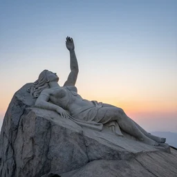 a detailed colossal magnificent stone sculpture carved from the top of a massive mountain of an elegant woman lying flat on the ground with one hand raised to the sky, fine detail, sunrise on the horizon in the background, stone hand raised up, 8 k, art, by roger dean and andrew ferez