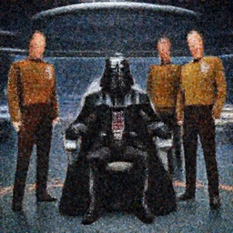 Scene from Star Trek The Next Generation showing the deck of the Starship Enterprise with Darth Vader as the Captain, sitting in the captain's chair. Probert, Rick Sternbach, Michael Okuda, John Eaves.