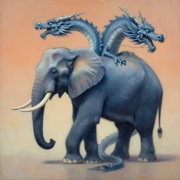 painting of hybrid between elephant & dragon!!!!!, intercrossed animal, mixture animal, by tiffany bozic, by zdzislaw beksinski, by vladimir kush, cold hue's, warm tone gradient background, concept art, beautiful composition, digital painting