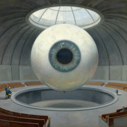 giant spherical eye being lowered through the roof of a dome - shaped control center, grant wood, pj crook, edward hopper, oil on canvas