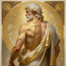 painted back portrait of rugged zeus greek god by greg rutkowski craig mullins artgerm alphonse mucha, gold sweat, white hair handsome muscular upper body mature flowing robe [ ancient greek motifs ] background fantasy intricate elegant detailed digital painting concept art artstation sharp focus illustration