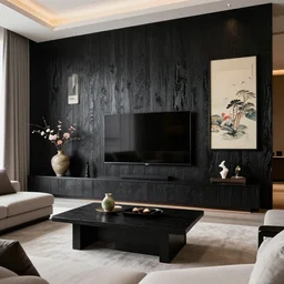 lounge room, interior design, stylish luxury lounge room design, yakisugi, black vertical slatted timber, large tv, textures, feminine, black walls, art, japanese pottery vase with flowers, ikebana, kakejiku, japanese and scandinavian influences