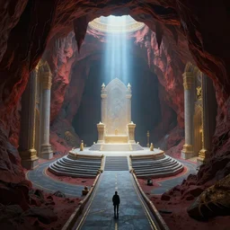 concept art of magnificent palace by barlowe wayne, ruan jia and greg rutkowski. a winding road to fantasy cave palace of bad omens!! dante's divine comedy, a beam of light fell on the stone throne!! 3 d, ultra clear detailed. octane render. 8 k. dark red, light grey blue and golden