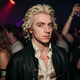wolfgang amadeus mozart on a rave. he sweats a lot because the club is poorly ventilated, but he still has a great time. club photography.