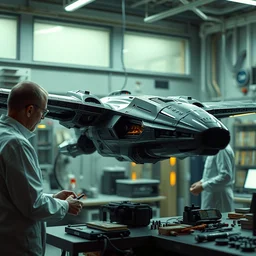 ( cyberpunk 2 0 7 7, bladerunner 2 0 4 9 ) scientists creating an artificial alien highly detailed futuristic biomechanical thick smooth quad wing combat spaceship in their spaceship lab, hyper realistic, highly detailed, sharp focus, depth of field, photography, natural light,, ultra detailed, photorealistic, by brian sum and annie leibowitz, - t