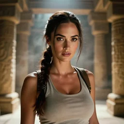 film still of!!!! megan fox!!! as lara croft in new tomb raider movie, closeup portrait, exploring inside of aztec temple, dramatic lighting, octane, mist, volumetric lighting, 8 k