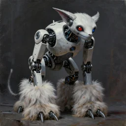 robotic lynx with the big floofy feet, grimdark cyberpunk. oil painting