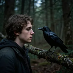 mixture between a human and crow, photograph captured in a dark forest