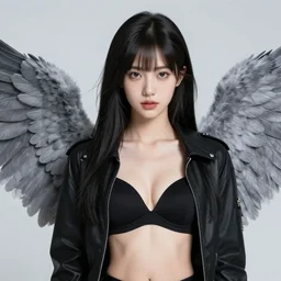 beautiful black haired angel girl, black jacket, black bra, big gray wings, highly detailed, d & d, fantasy, highly detailed, digital painting, trending on artstation, concept art, sharp focus, illustration, art by artgerm and greg rutkowski and fuji choko and viktoria gavrilenko and hoang lap