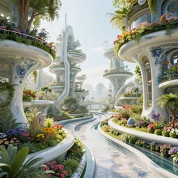 biophilic futuristic scifi suspended city gardens architectural landscape, fluidity, colorful flowers, porcelain, beautiful morning light, canal bridge paths pedestrian cafes, interior cinematic, granite marble, nebula magnolia, water, metallic, grass, trees, modular buildings, vincent callebaut composition, 8 k, unreal engine, hdr