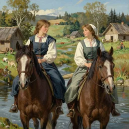 portrait of two beautiful medieval village finnish norwegian swedish attractive maidens crossing river on horses, jodhpurs greg manchess painting by sargent and leyendecker, studio ghibli fantasy close - up shot asymmetrical intricate elegant matte painting illustration hearthstone, by greg rutkowski by greg tocchini by james gilleard