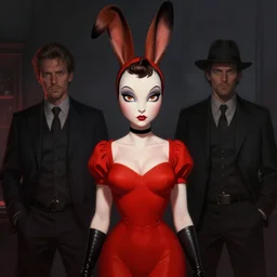 realistic noir jessica rabbit red dress, character portrait, sharp, digital matte painting, art by luis royo, greg rutkowski, wlop, dramatic lighting, trending on artstation
