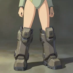 sci fi female character, muted colored bodysuit, sci-fi oversized mechanical boots that go up to the thigh that are thick and clunky, soft lighting, wojtek fus, by Makoto Shinkai and Ilya Kuvshinov,