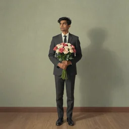 indian guy standing and holding flowers, looking nostalgic, in love, dapper,full portrait, artwork by Cheng, Hsiao-Ron and Wes Anderson