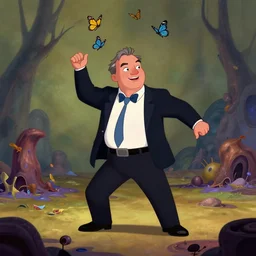 a still from a disney animated film of jeff bezos dancing in a toxic wasteland, butterflies flying around his head