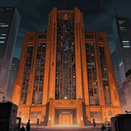 orange government building, cyberpunk city, studio gainax art, intricate electronics, moody lighting