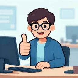 smiling icon of computer nerd in front of computer giving a thumbs up to the camera,