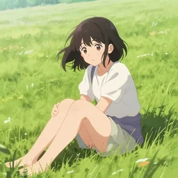 a girl sitting in a meadow, art by walter langley, anime wallpaper, pixiv, walter langley style